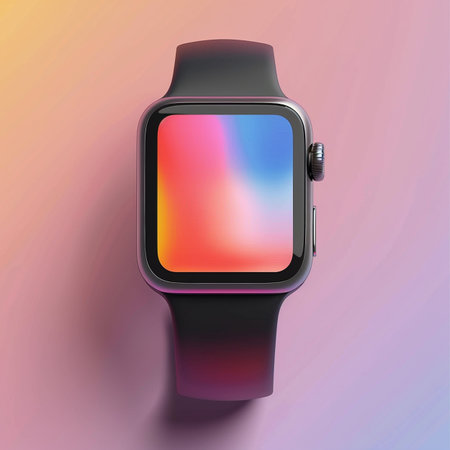 Smart watch with blank screen on colorful gradient background. Vector illustration.の素材