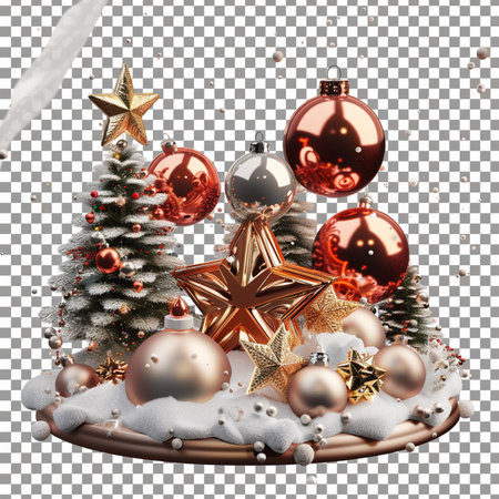Christmas baubles, stars, snowflakes and fir tree isolated on transparent backgroundの素材