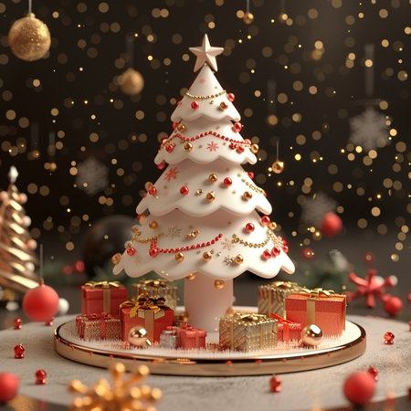 Christmas tree with gifts and confetti. 3d render illustration.の素材