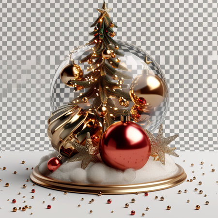 Christmas tree in snow globe. 3d illustration on transparent background.の素材