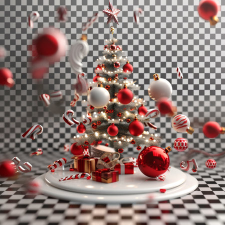 3d render of christmas tree with candy canes on checkered backgroundの素材