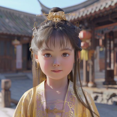 Korean little girl in traditional costume at Gyeongbokgung Palaceの素材