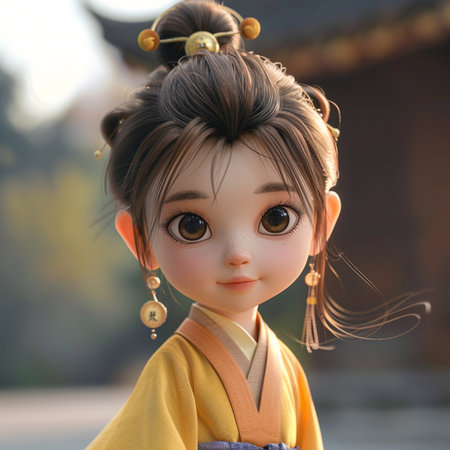 Japanese doll in a kimono on the street of the cityの素材