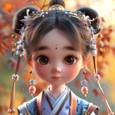 3D rendering of a Japanese doll in a Japanese kimonoの素材
