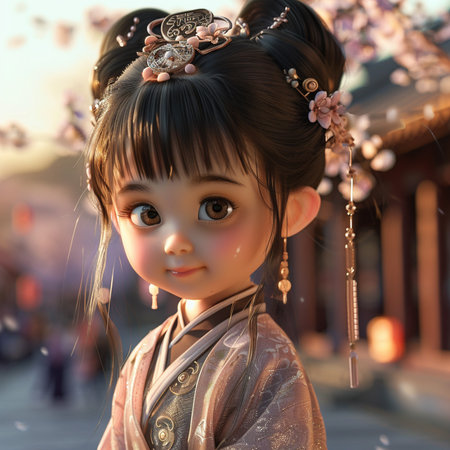 3D rendering of a Japanese girl with a cherry blossom in the backgroundの素材