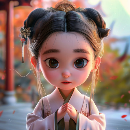 3D Illustration of a Japanese girl in a kimonoの素材
