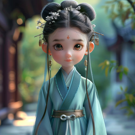 3D rendering of a Japanese geisha doll in a garden.の素材