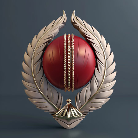 3d rendering of a cricket ball with a laurel wreathの素材