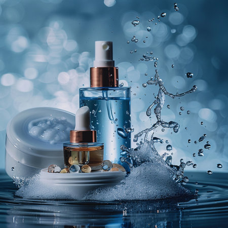 Cosmetics with splashes of water on a blue background. Collage.の素材