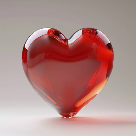 Red glass heart on a gray background. 3d render image.の素材
