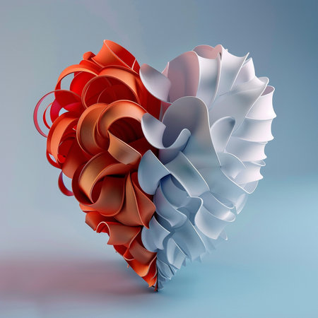 3D render of a heart made of origami ribbons.の素材