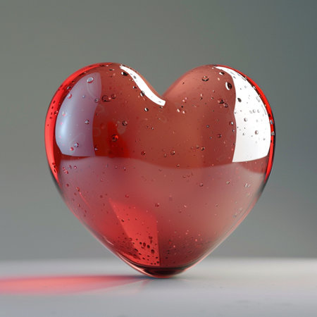 Red glass heart with water drops on grey background. 3d renderの素材