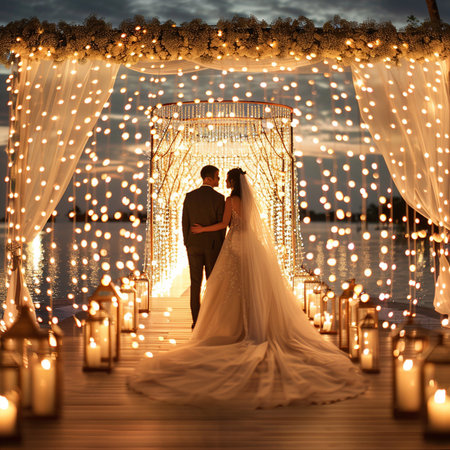 Bride and groom on the background of the wedding arch decorated with garlandsの素材