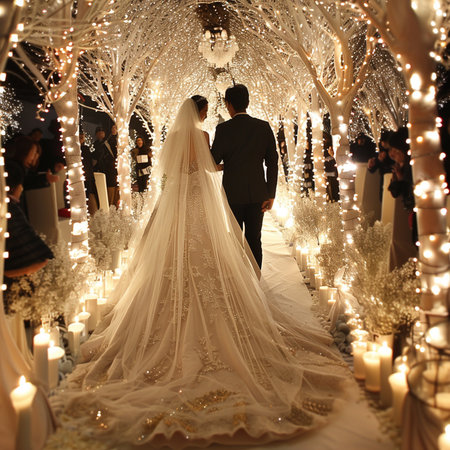 Newlyweds walk in the evening on the wedding ceremony.の素材