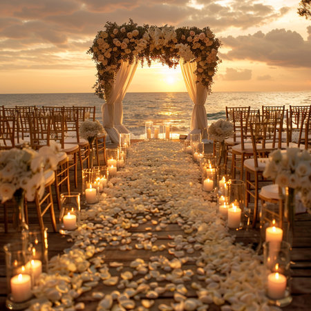 Wedding ceremony on the beach at sunset. Wedding arch decorated with flowers and candlesの素材