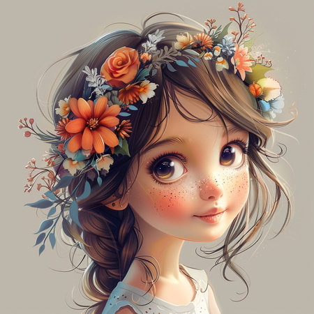Cute little girl with floral wreath on her head, 3d illustrationの素材