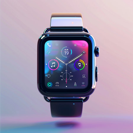 Smart watch with colorful icons on the screen. 3d illustration.の素材