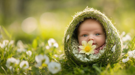 Cute little baby in a green nest made of grass and flowersの素材