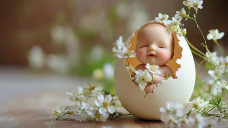 Easter egg with a newborn baby and flowers on a wooden backgroundの素材