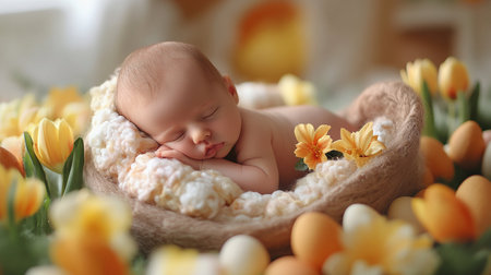 Cute little baby sleeping in nest with tulips on blurred backgroundの素材