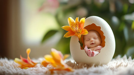 Newborn baby in an eggshell with flowers on a soft backgroundの素材