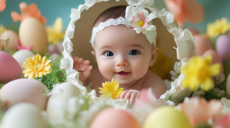 Cute little baby girl in Easter basket with colorful eggs and flowersの素材