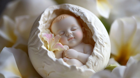 Cute little newborn baby girl sleeping in a basket of flowers.の素材