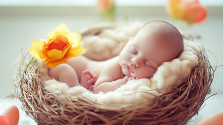 Cute newborn baby sleeping in nest with tulips and easter eggsの素材
