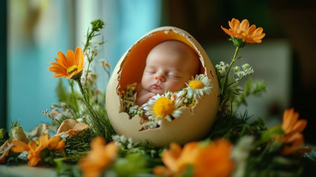 Newborn baby sleeping in an egg shell with daisies.の素材