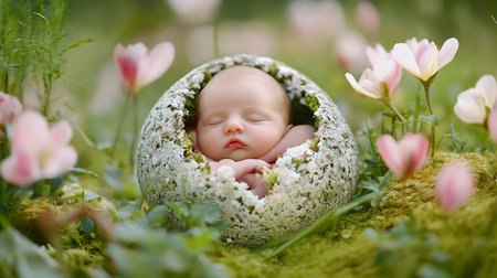 Cute newborn baby in a nest made of stones and flowers.の素材