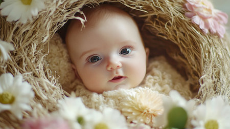 Cute little baby girl in basket with flowers. Selective focus.の素材