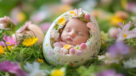 Cute newborn baby in easter egg on green grass with flowersの素材