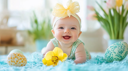 Cute little baby girl playing with Easter eggs and flowers at homeの素材