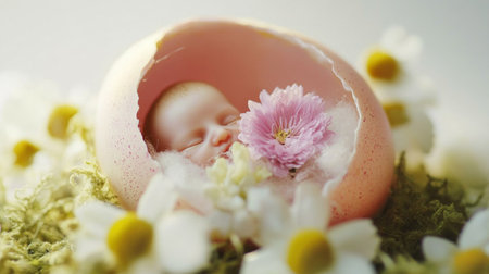 Newborn baby in a pink egg shell surrounded by flowers and daisiesの素材