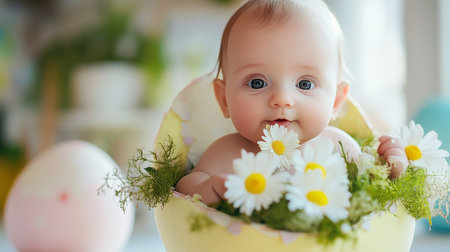 Cute baby boy sitting in a basket with daisies.の素材