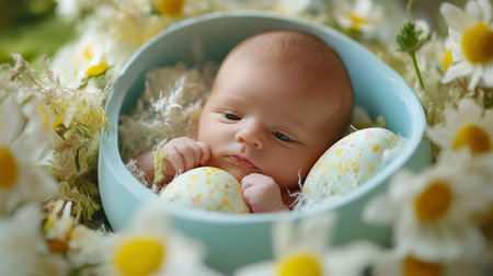Cute newborn baby in a blue bowl with easter eggs.の素材