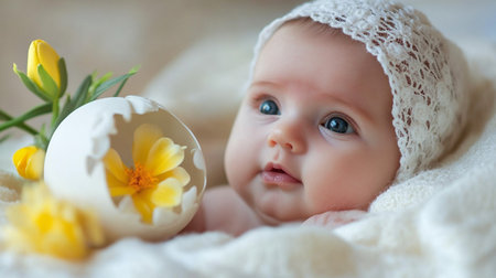 Cute newborn baby girl with easter egg and yellow tulipsの素材