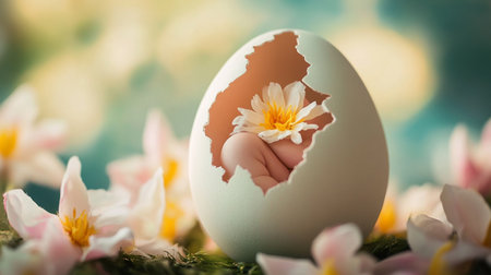 Easter egg and spring flowers on green grass, soft focus backgroundの素材