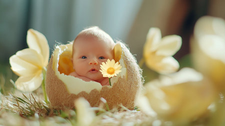 Cute newborn baby in easter egg with yellow daffodilsの素材
