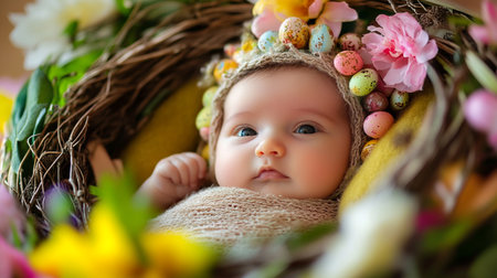 Cute newborn baby in a basket with easter eggs and flowersの素材