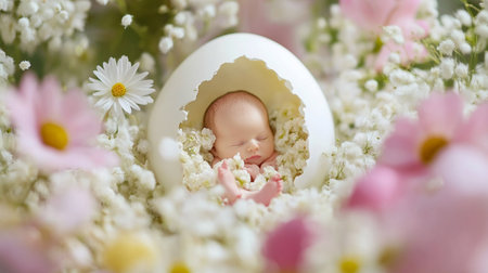 Newborn baby in eggshell surrounded by flowers and daisiesの素材