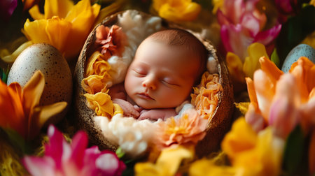 Newborn baby sleeping in a nest with tulips and crocus flowersの素材