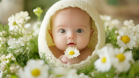 Cute little baby girl in a hat with daisies.の素材