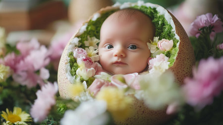 Cute little newborn baby in easter egg decorated with flowers.の素材