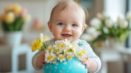 Portrait of cute baby girl with bouquet of daffodilsの素材