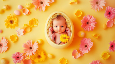 Cute newborn baby in a yellow eggshell surrounded by colorful flowers.の素材