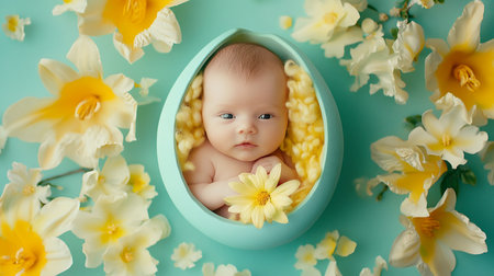 Cute newborn baby in blue egg shell surrounded by yellow daffodils.の素材