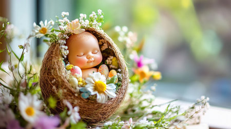 Easter egg in nest with baby doll and flowers on wooden tableの素材