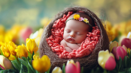 Cute newborn baby girl in a nest surrounded by tulips.の素材