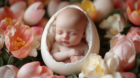 Cute newborn baby in eggshell on floral background, closeupの素材
